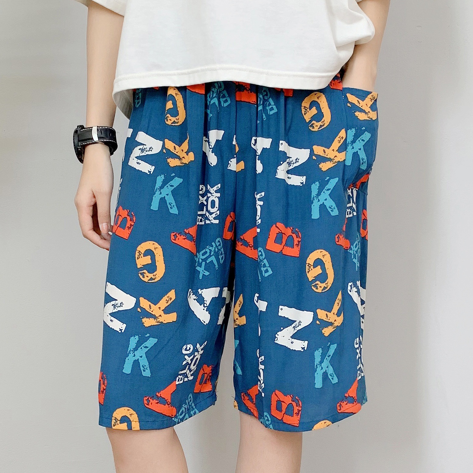 Picture of Cotton Silk Pajama Pants Men's Summer Thin Large Size Loose Shorts Casual Breathable Floral Pants Outer Wear Five-Point Beach Pants