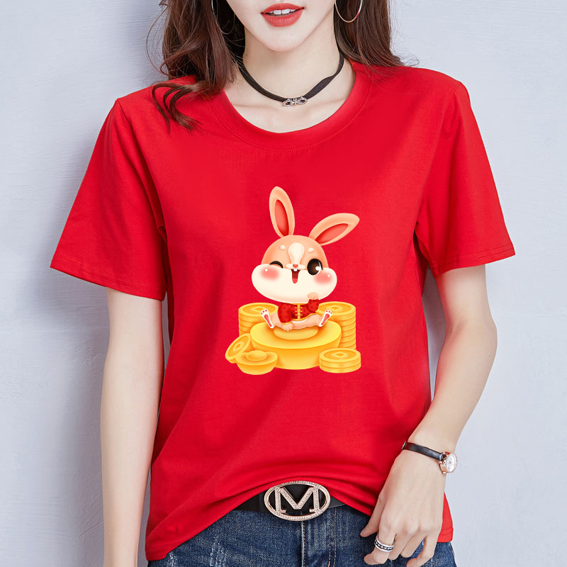 Rabbit Benmingnian Red Short-sleeved T-shirt Women's Fashion 2023 New Year T-shirt Elastic Cartoon Top