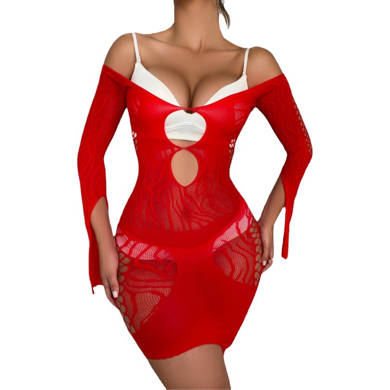 European and American popular new off-shoulder off-shoulder hollow-out long sleeve see-through dress mesh dress foreign trade wholesale women's clothing