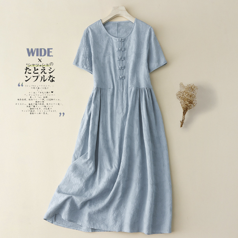 Ethnic style jacquard dress women's 2024 Summer new loose retro buckle round neck short sleeve cotton and linen long skirt