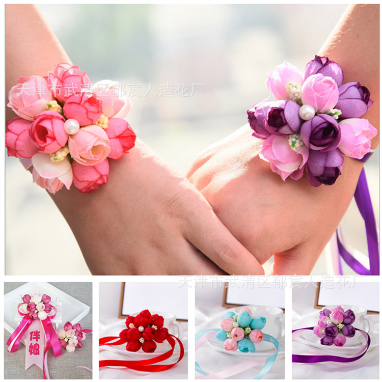 Korean-style wrist flower wholesale wedding supplies wholesale bride bridesmaid hand flower sister group dance hand flower wedding flower
