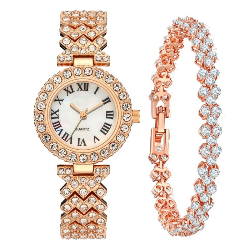 Cross-Border Foreign Trade Gypsophila Bracelet Watch Women's Suit Steel Band Full of Diamonds Roman Pattern Quartz Women's Watch Manufacturer Ready Stock