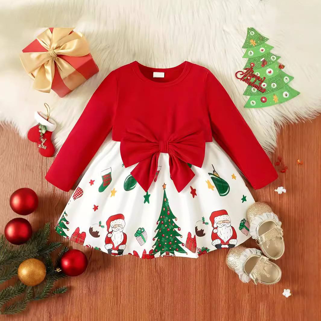 Cross Border INS Amazon Baby Girl Red Big Bow Christmas dress