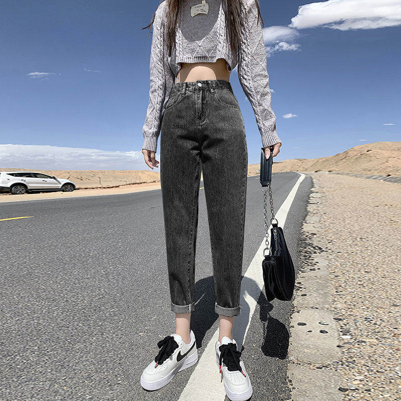2021 autumn and winter jeans high waist loose straight slimming versatile student Daddy radish harem straight pants fashion