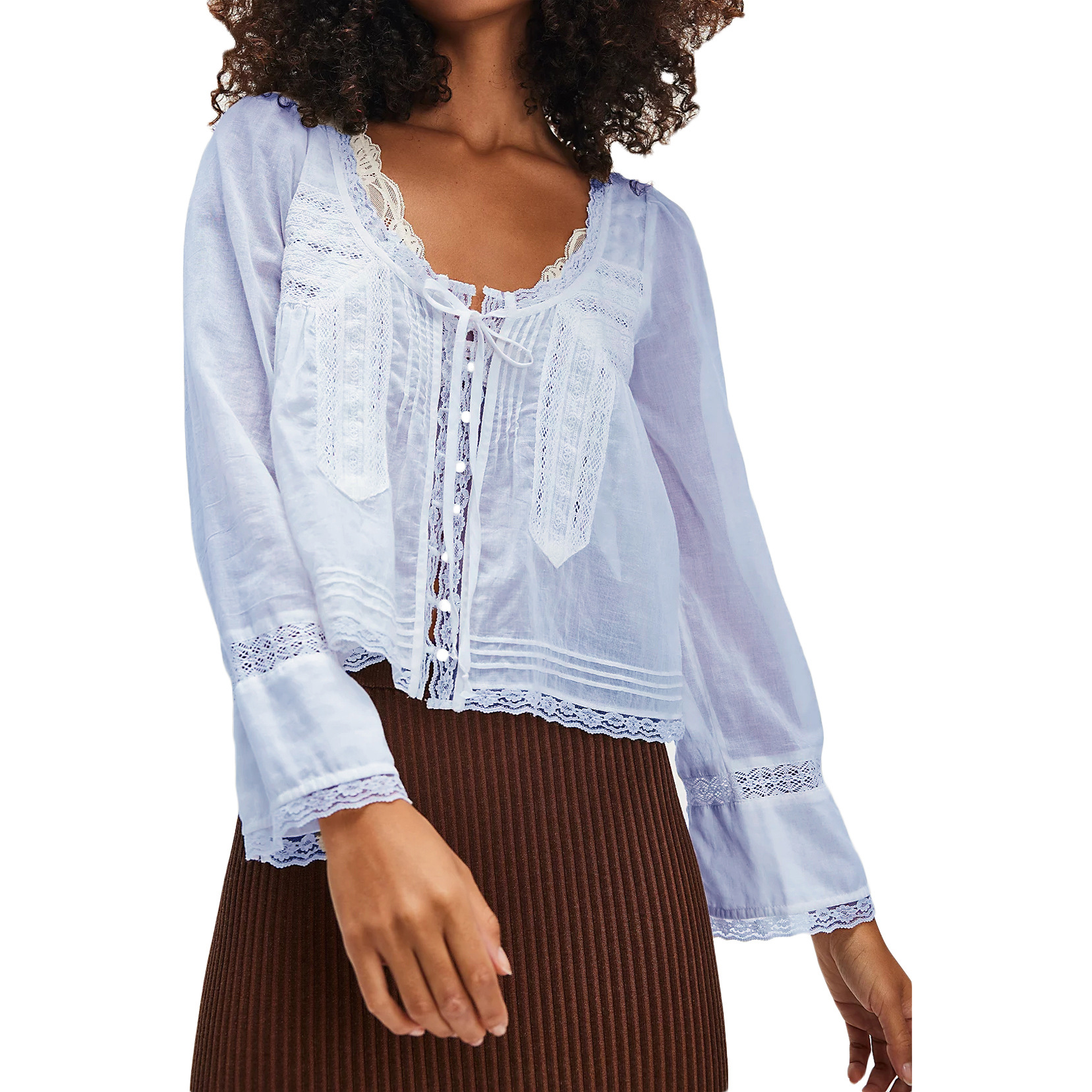 Picture of New French Niche Top Autumn Lace Shirt U-shaped Lace Collar Shirt Long-sleeved Lightweight Unique Beautiful Small Shirt