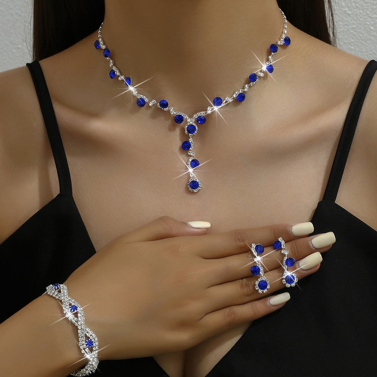 Jewelry Set New Shiny Inlay Full Diamond Women's Wedding Accessories Necklace Earrings Bracelet Three-piece Set