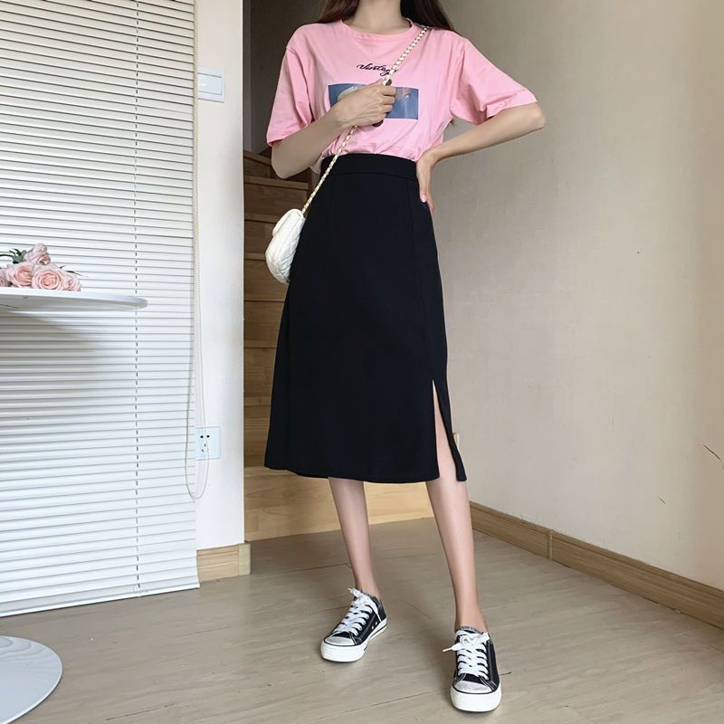 2024 Summer New plus size chubby girl Split Skirt High Waist Slimming Mid-length A- line Skirt Black Hip Skirt