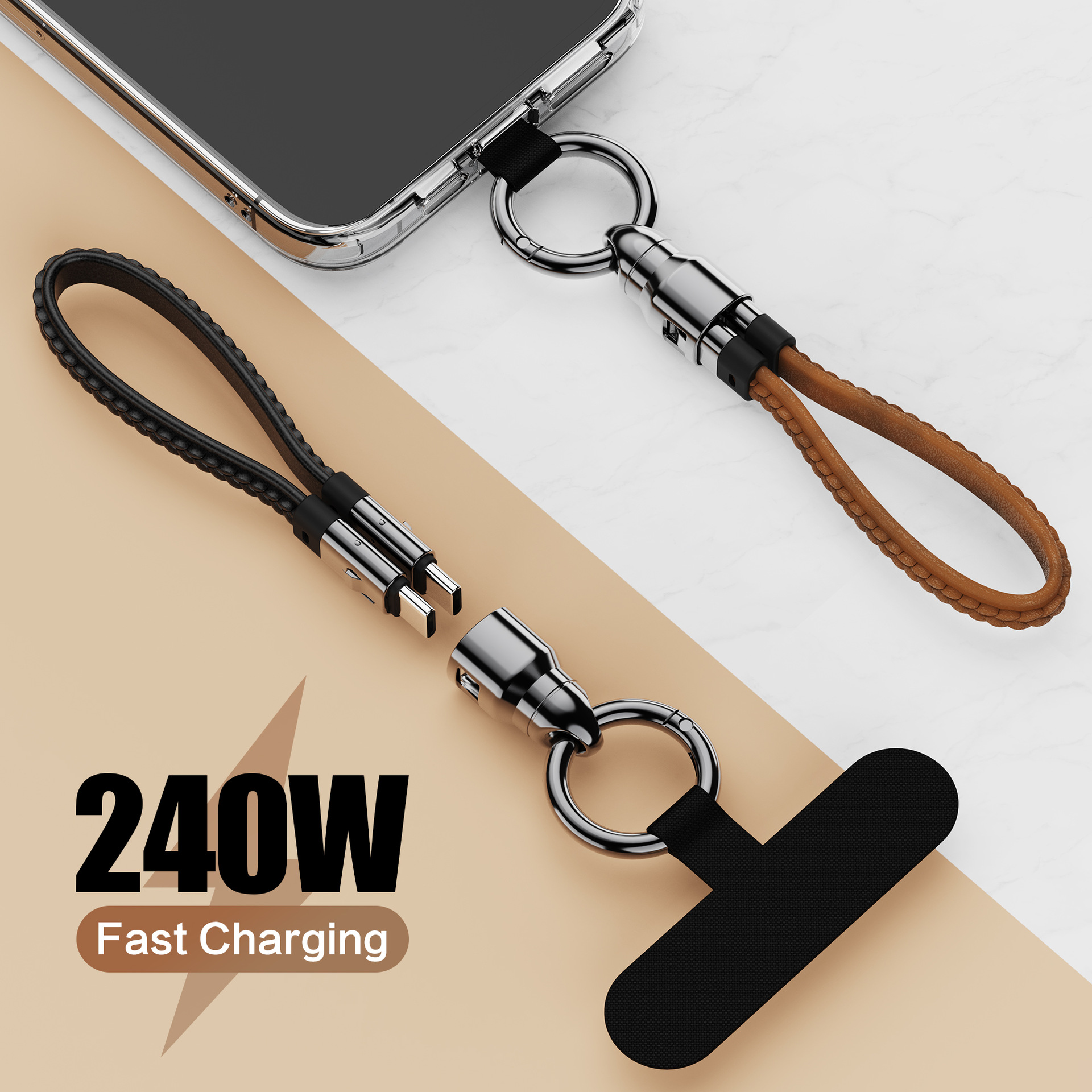 240W Rotating Lanyard Data Short-Line Out-And-Out Mobile Phone Keychain Type-C Pd3.0 Fast Charging Universal Dual C Port