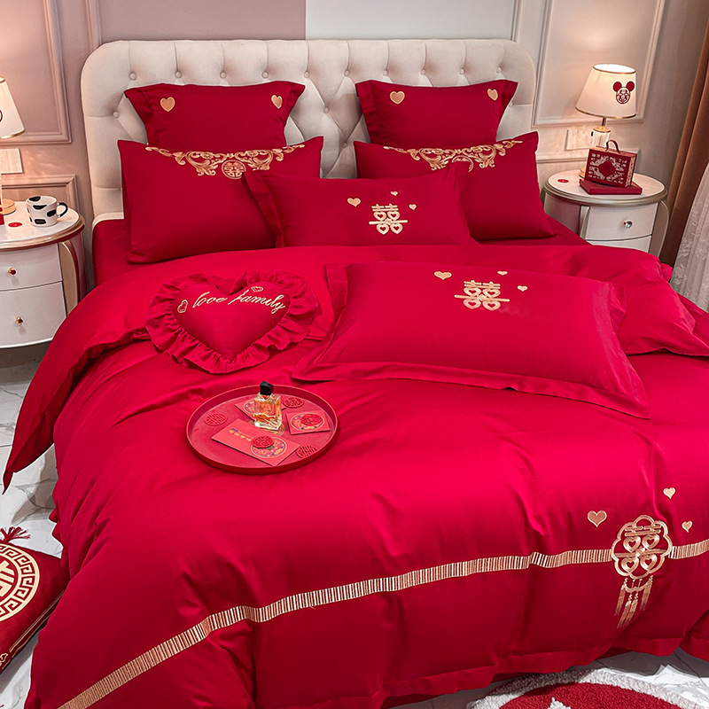 Picture of High-end Chinese Dragon and Phoenix Embroidery Fashion Wedding Four-piece Wedding Big Red Bed Sheet Quilt Cover Accompanying Bedding