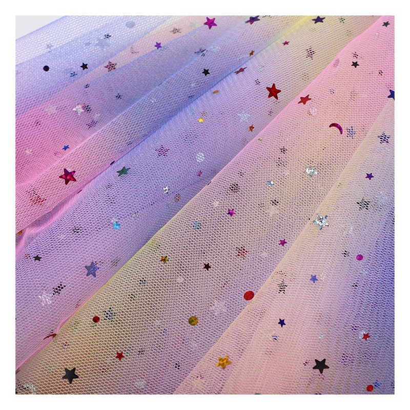 Rainbow Star and Moon Mesh 36A Sequin Glitter Fabric Ins Background Soft Gauze Performance Dress Princess Dress Mesh Fabric