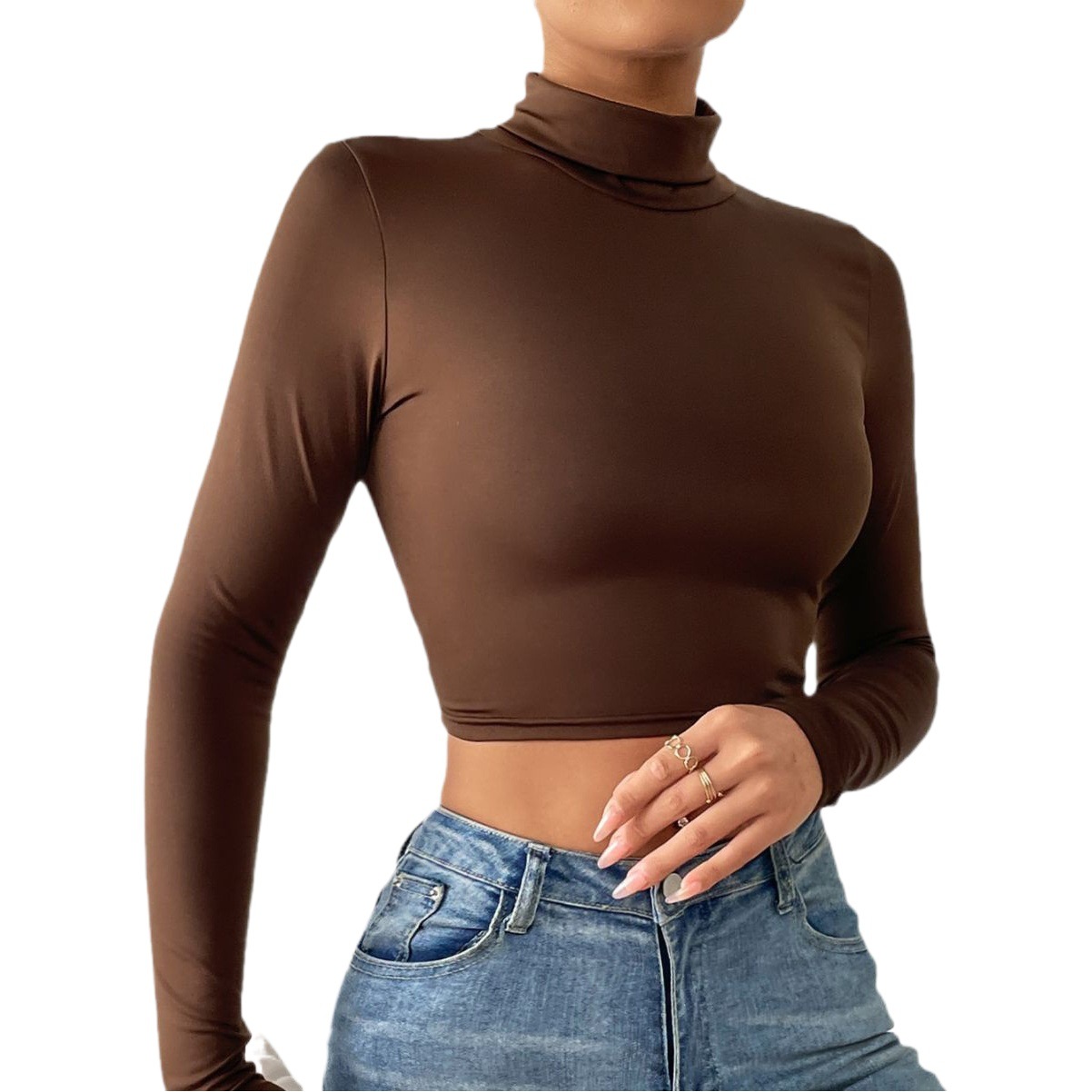 European and American 2025 New Cross-Border Export Long-Sleeved Bottoming Shirt Short Turtleneck Half Turtleneck Autumn Coat Women's Crop Top