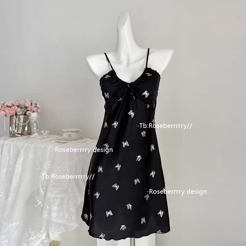 Soft Cigarette Butterfly Strap Nightgown Sweet Pajamas Hot Silver Ice Silk Pajamas with Chest Pad plus size Sexy Home Clothes