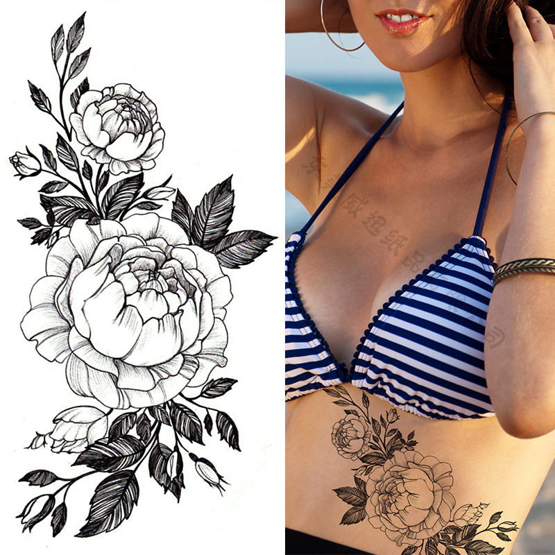 Picture of Cross-Border Supply of Sketch Flower Tattoo Stickers, Sketch Tattoo Stickers, Rose Flower Black and White Flower Tattoo