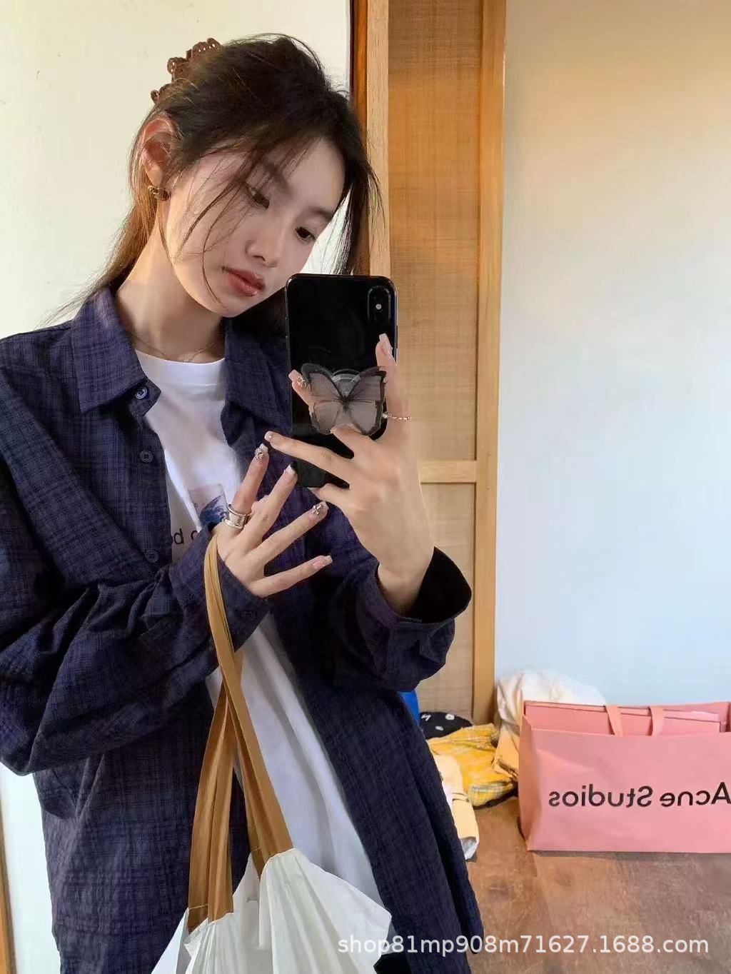 2025 Spring and Autumn Retro Navy Plaid Long Sleeve Manufacturer Shirt Japanese Style Women's French Loose Casual Shirt Jacket Temu