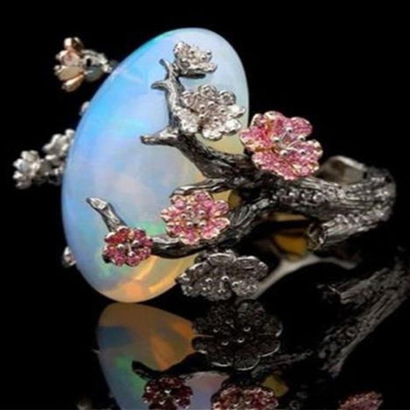 Cross-Border Supply of Jewelry 2018Wish Retro Branch Flower Opal Ring Black Gold Color Separation Ring