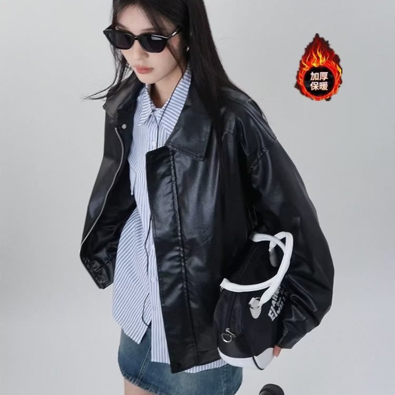 Picture of Cross-Border Hong Kong Style Brown Leather Jacket for Women 2023 New Autum American Retro Street Sweet and Cool Motorcycle Pu Wallet