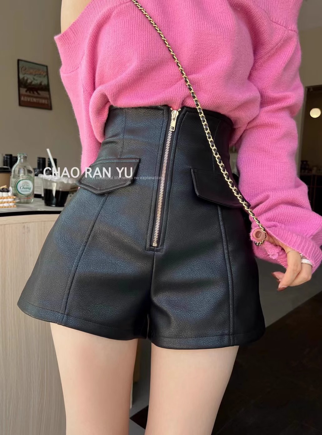 PU Leather Shorts Women's Autumn and Winter Outer Wear High Waist Slimming Boots Pants Fashionable Korean Style Elegant Leather Pants Zipper A- line Wide Leg Pants