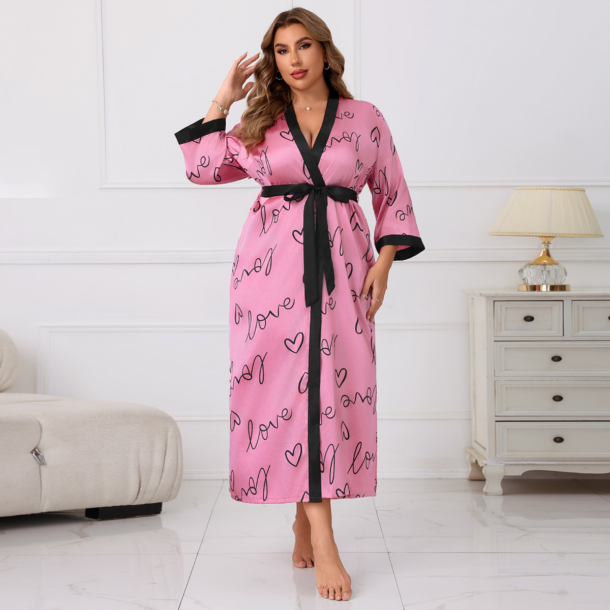 Cross-Border Plus Size Women's Nightgown Loving Heart Printed Satin Nightgown Casual Large Size Elegant Can Be Worn Outside
