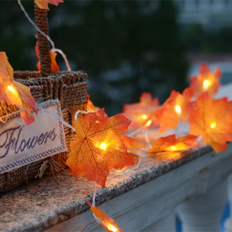 Picture of Autumn send cool maple leaf pumpkin atmosphere lamp room decoration outdoor fence hanging lamp LED lamp string