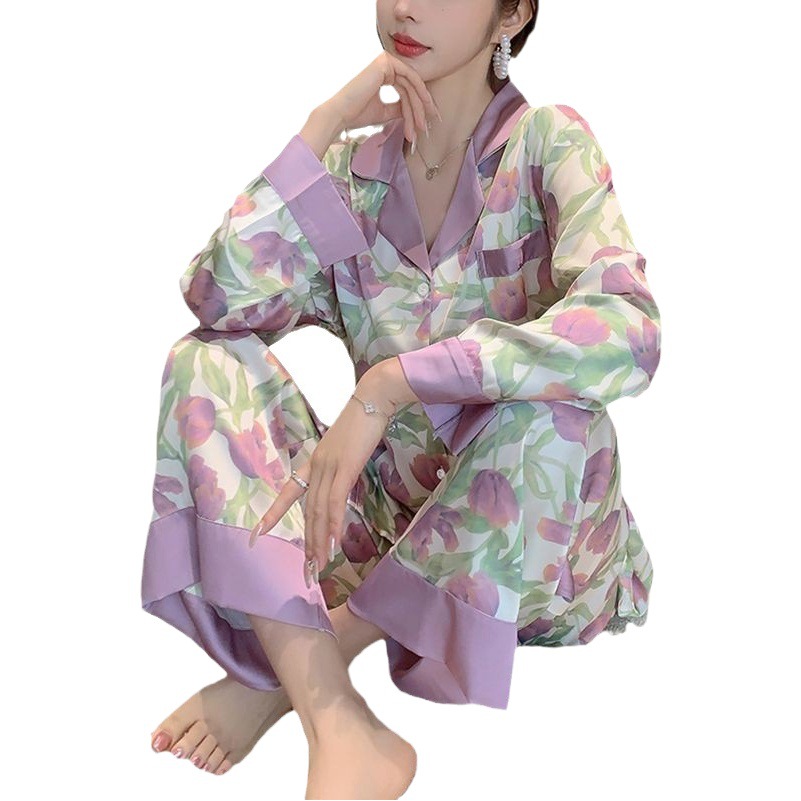Autumn Printed Pajamas Set Spliced Satin Tulip Purple High-End Women's Large Size Ice Silk Pajamas That Can Be Worn Outside