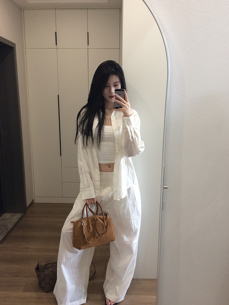 Honest Shirt Relaxed and Relaxed Old Money Style Long-Sleeved Shirt Suit Linen White Women's Thin Sun Protection Casual Suit Summer