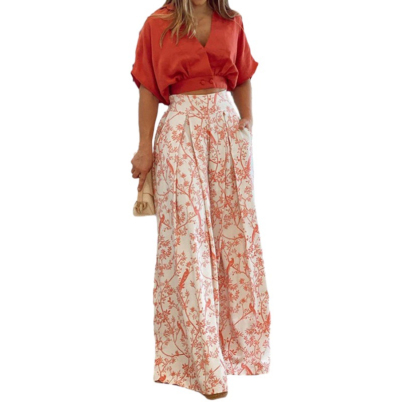 D9616 Amazon Hot European and American Women's Fashion Bat Sleeve Shirt Printed Wide Leg Pants Street Casual Suit