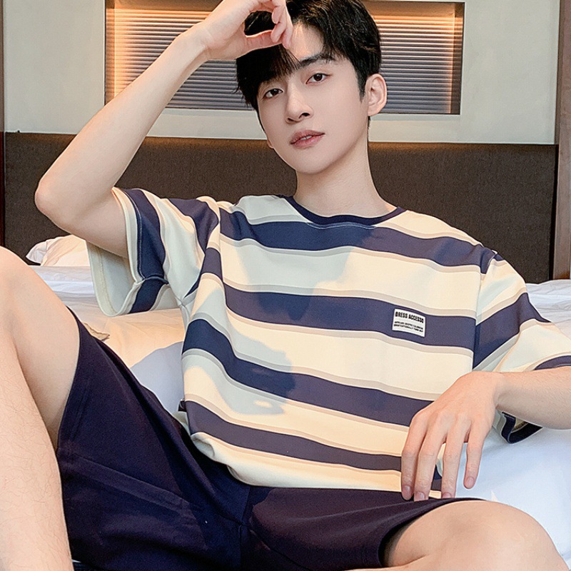 Striped Pajamas men's round neck short sleeve shorts summer comfortable cotton student plus size outerwear Korean style homewear suit