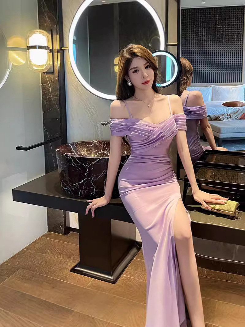Picture of Car Model One-Shoulder Evening Wear for Women K Song Foot Bath Club Work Clothes Slim Slit Hip-Covering Dress Long Skirt Fashionable Elegant
