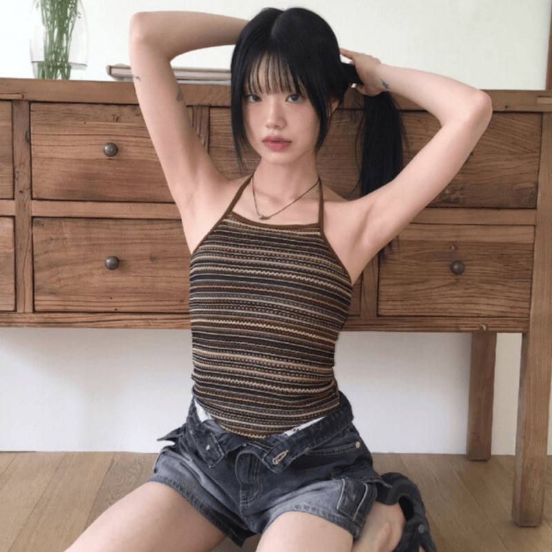 Retro Hong Kong Style Stripesd Triangle One-Piece Swimsuit for Women Summer New Style Covering Belly and Slimming Look Suspender Swimsuit Bikini