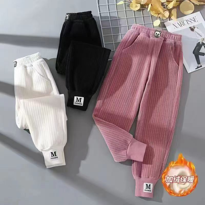 2024 New Girls' Fleece-Lapped Pants Children's Pants Autumn and Winter Big Children's Western Style Pants Sports Casual Trendy Trousers
