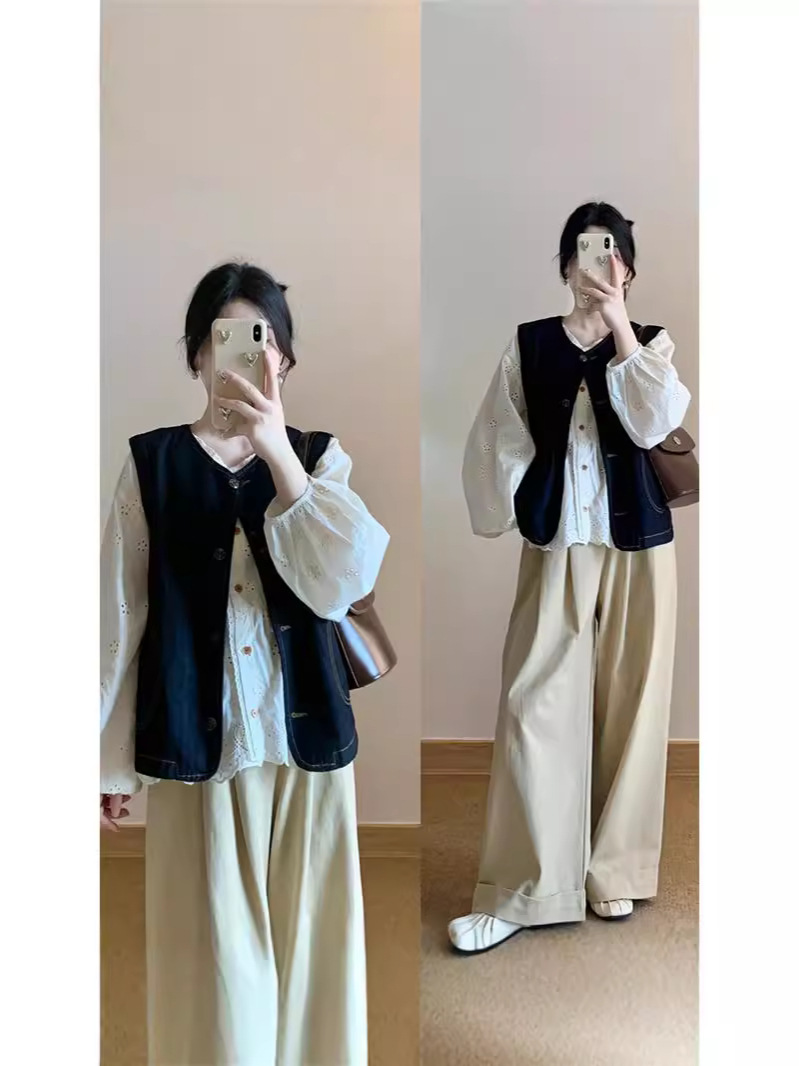 Autumn Women's 2025 New Retro Clear Vest Shirt Slimming Wide-Leg Pants Three-Piece Set