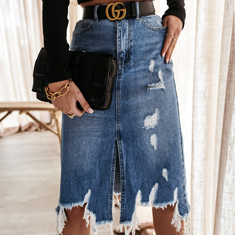 Spring and Summer 2023 Amazon Cross-border Europe and the United States New Casual Elegant Hip Skirt Ripped Tassel Denim Skirt