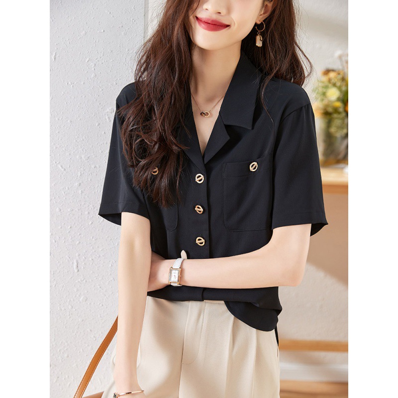 2024 New French Short Sleeve Chiffon Shirt Women's Summer Thin Design Niche Chic V Neck Top