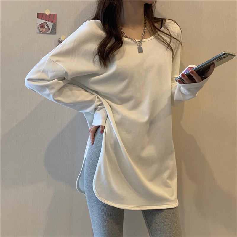 Spring and Autumn New Fat mm300 Jin Large Size Lazy Style Long Sleeve T-Shirt Women's Loose Split Base Shirt Belly Covering Tide