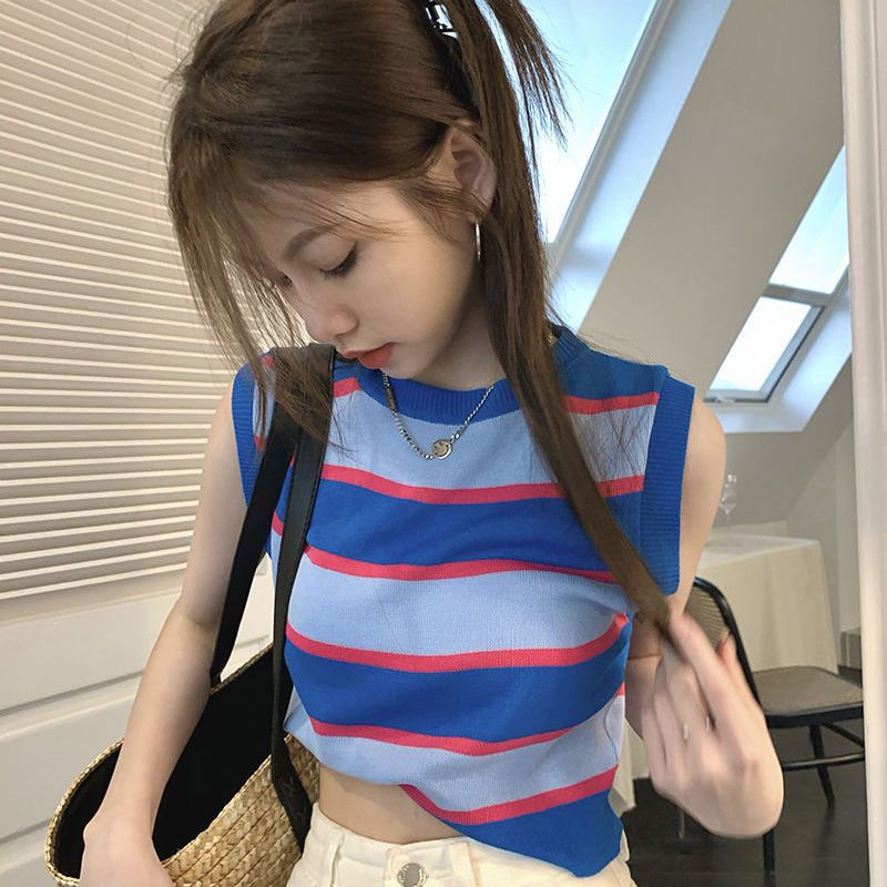 Hong Kong Style chic Striped Vest Women's Summer New Sweet and Hot Style Pure Sexy Sleeveless Inner Short T-shirt Trendy Top