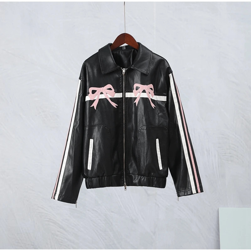 Picture of 2024 Cross-border New Autumn Bow Lapel Zipper Pocket Loose Casual Street Style Leather Jacket