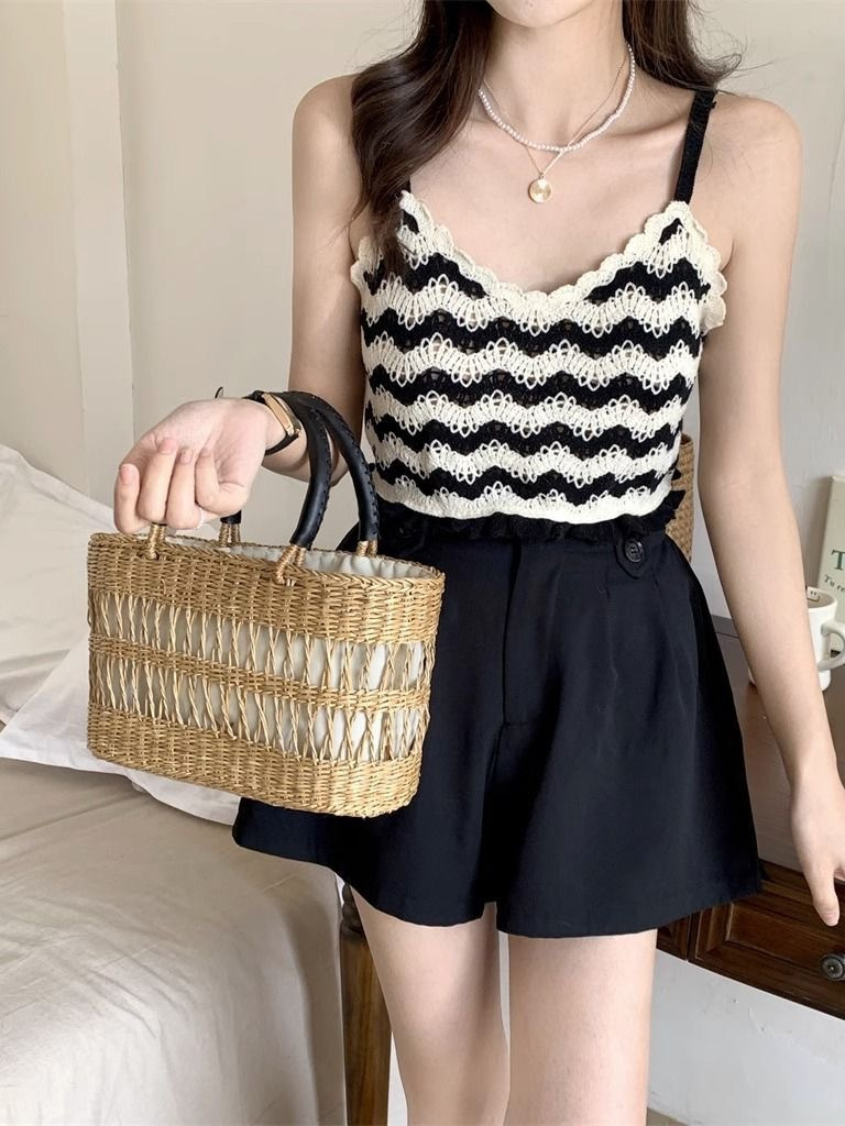 Sweet Cool Spice Girl Slim-fit Striped Backless Neck Knitted Camisole Vest Women's Summer Short Lace-up Pure Desire Top