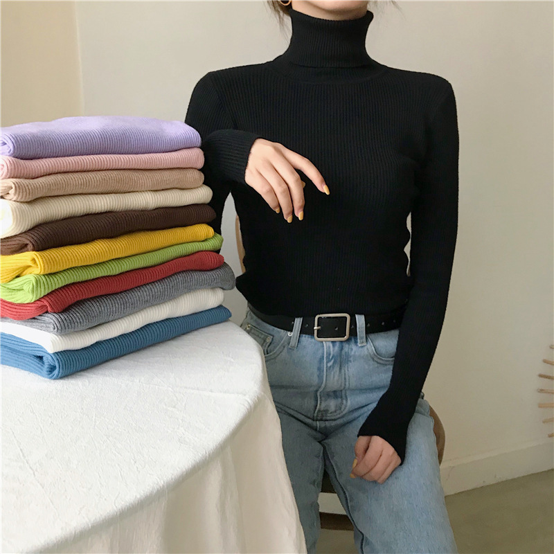 2022 Autumn and Winter New Solid Color Sweater Slim-fit Tight High Neck Long Sleeve Base Shirt Women's Core-spun Yarn Top Knitted Sweater