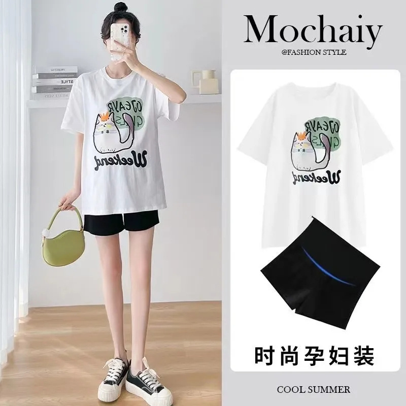 Maternity Suit 2023 Summer New Fashionable Elegant Fashionable Mom's Outer Wear Meat Covering Top Summer Thin Two-piece Set