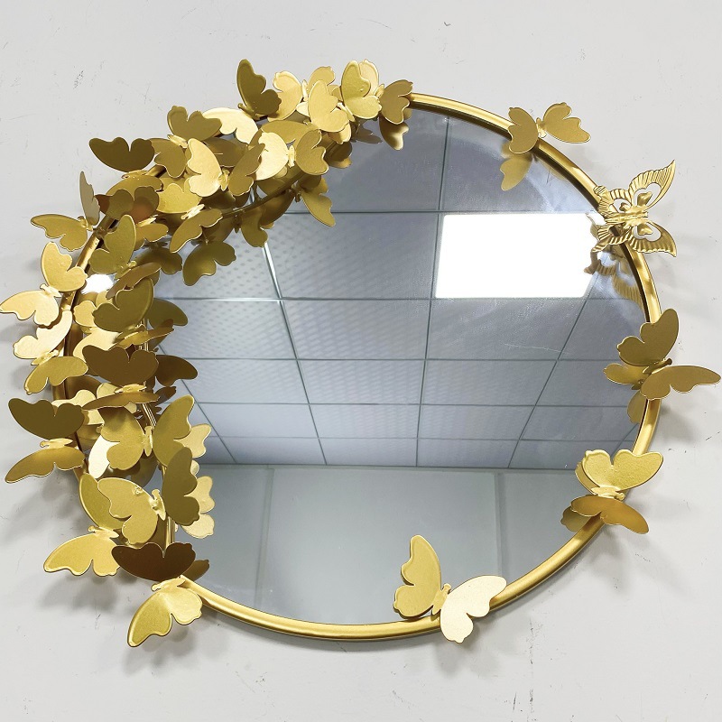 Picture of Foreign Trade Iron Mirror Wall Hanging Classical Butterfly Round Mirror Bedroom Personality Makeup Mirror Wall Background Wall Decorative Mirror