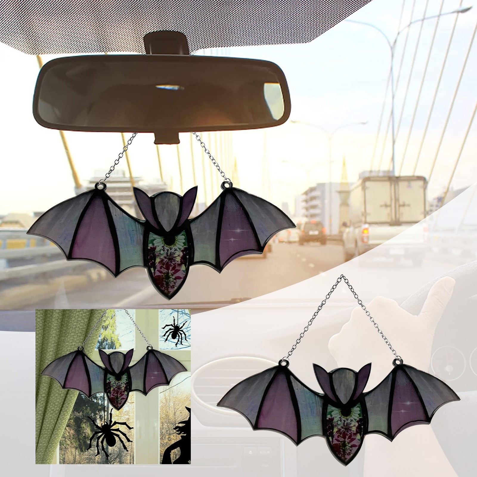 Picture of Halloween Decoration Hanging Acrylic Bat Window Wall Pendant Halloween Home Decoration Colorful Bat