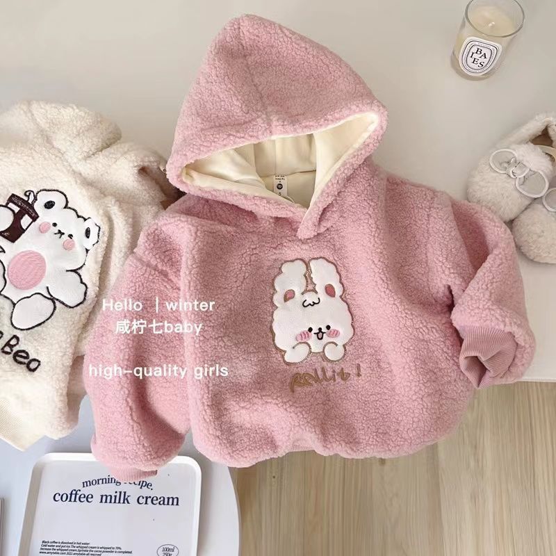 2023 children's hooded sweater baby girl fleece-lined thickened super soft inner cartoon cute fleece-lined warm top