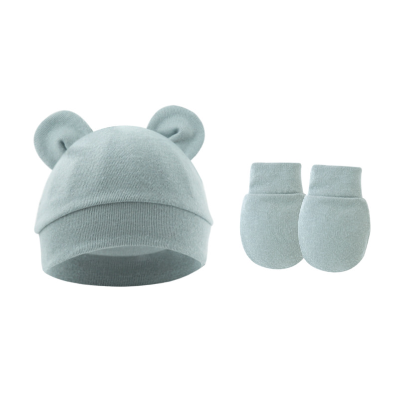 Picture of 2022 Foreign Trade Baby Fetal Hat Baby Pullover Cap Single Layer Bear Ear Hat Anti-scratch Gloves 2 Pieces Set