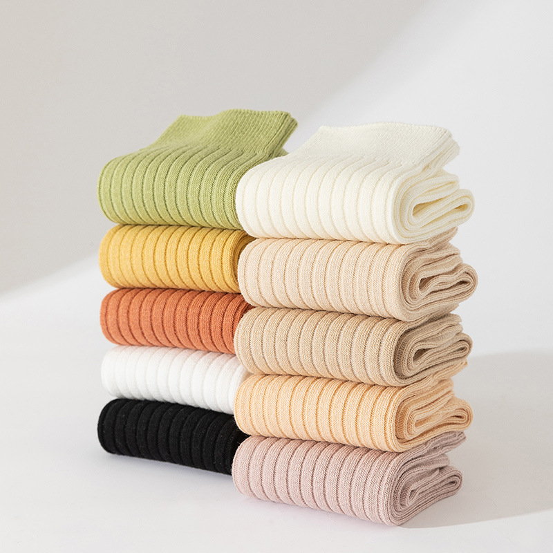 Korean-style Double Needle Vertical Strip Mid-tube Stacked Socks Solid Color Outer Wear Mid-tube Socks Milk Fu Color Sports Cotton Socks Street Fashion