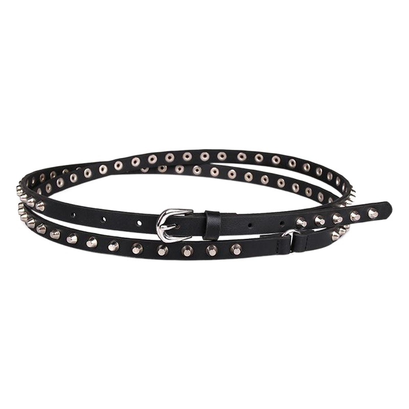 New Women's Double Circle All-match Casual Bucket Nails Thin Belt Rivet Super Long Punk Denim Classic Women's Belt Explosion