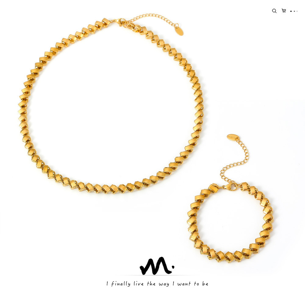 Amazon New Geometric Stitching Necklace Simple Bracelet Copper Material Plated 18k True Gold Color Preservation Hip Hop Style suit