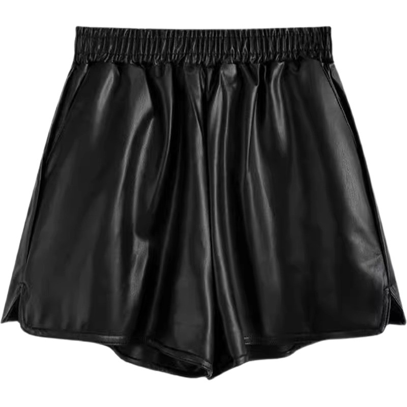 PU Leather Shorts Women's 2023 Autumn and Winter New High Waist Slimming Loose Wide Leg A- Shaped Hot Pants Fashionable Outwear Pants