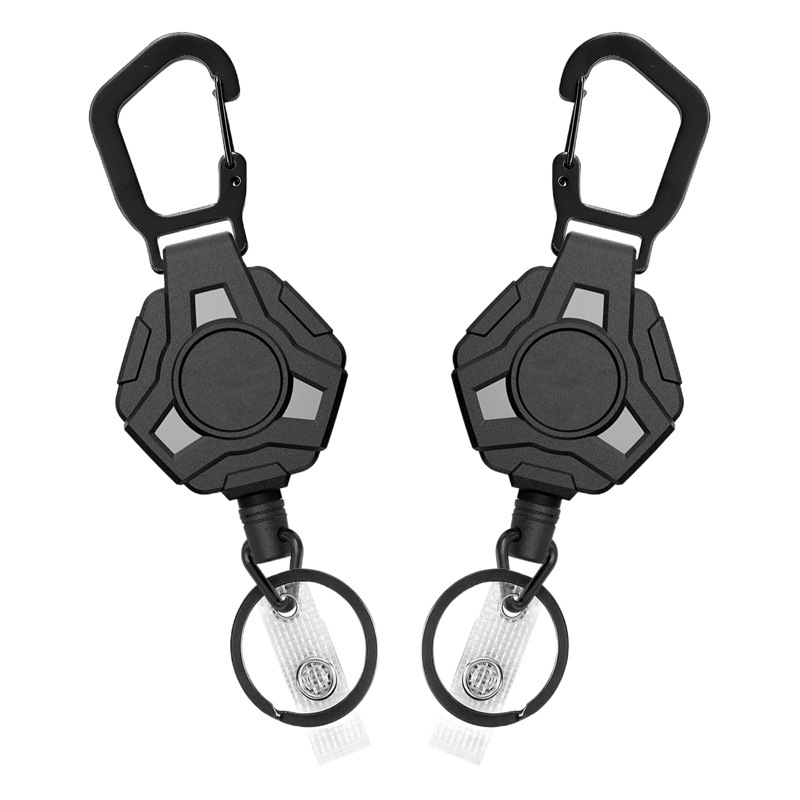 Black Polygonal Stainless Steel Spring Carabiner Easy-Pull Buckle Wire Rope Telescopic Anti-Lost and Anti-Theft Keychain