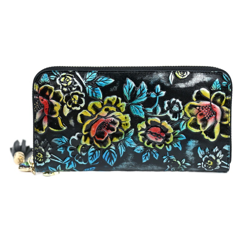 2023 New Vintage Genuine Leather Women's Wallet Large Capacity Fashionable Multi Card Embossed Handmade Colorful Zipper Bag