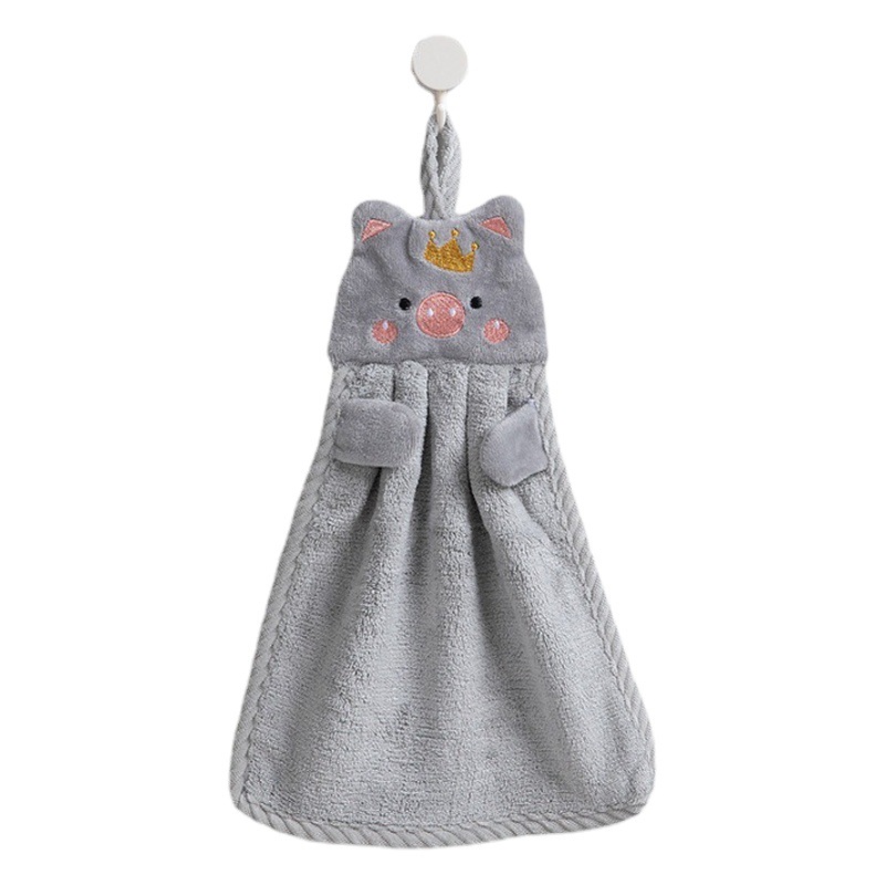 Hangable Hand Towel Cute South Korea Piglet Embroidery Absorbent Coral Fleece Hand Wipe Kitchen Hand Wipe